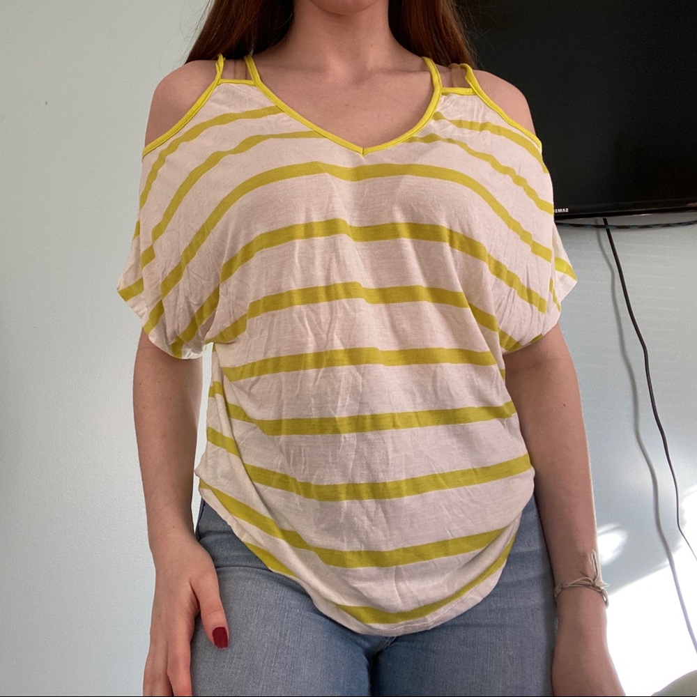 BEBE Striped Neon Yellow/Green & White Shirt